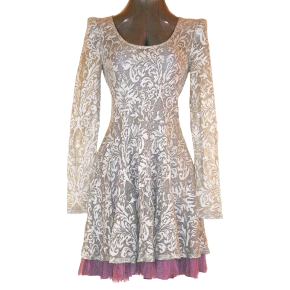 Free People Dresses & Skirts - Free People Ivory Lace Long Sleeve Dress Purple Slip & Tulle Skirt Womens Size S